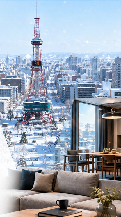札幌の冬景色と清潔な民泊室内のイメージ